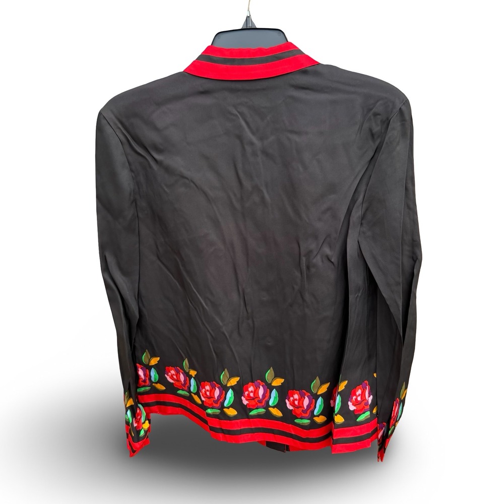 Kate Spade New York Sz XS Rose Border Silk Blend Shirt Black Red Floral K9704 - Picture 13 of 14